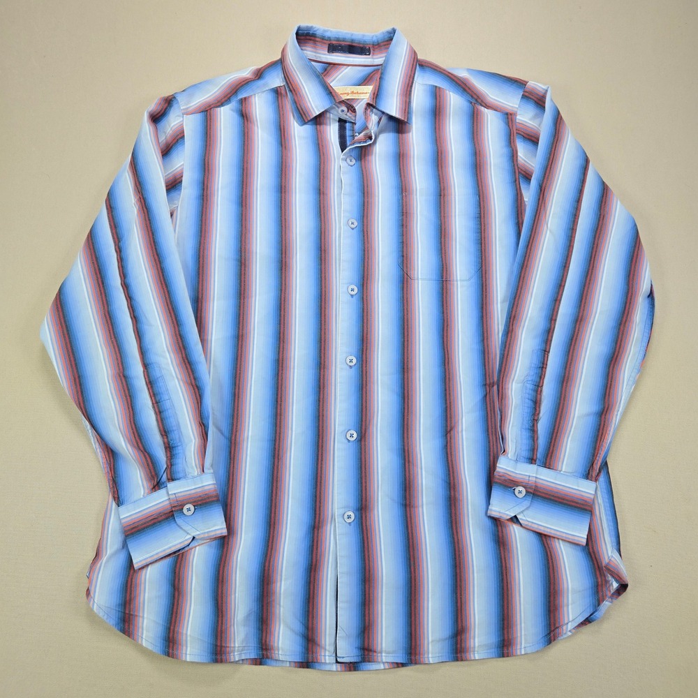 Tommy Bahama Button-Up Shirt Striped Cotton Silk Blue Orange Mens Size M